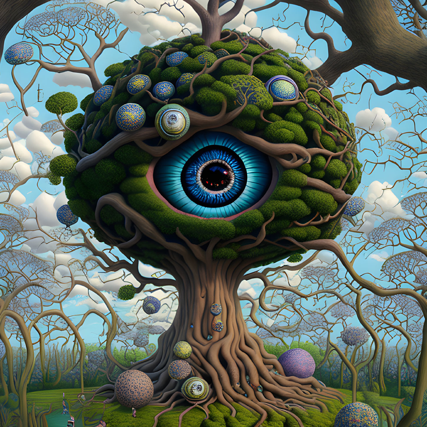 Surreal illustration: tree with central eye, branches, intricate patterns.