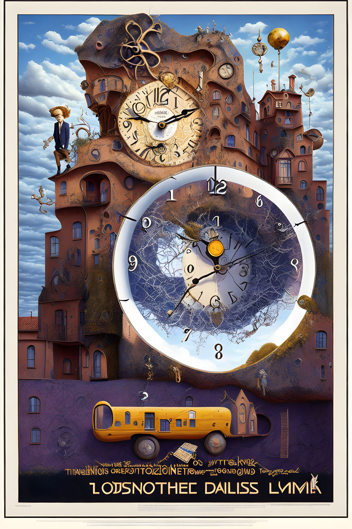 Steampunk-inspired illustration with clock elements and yellow submarine.