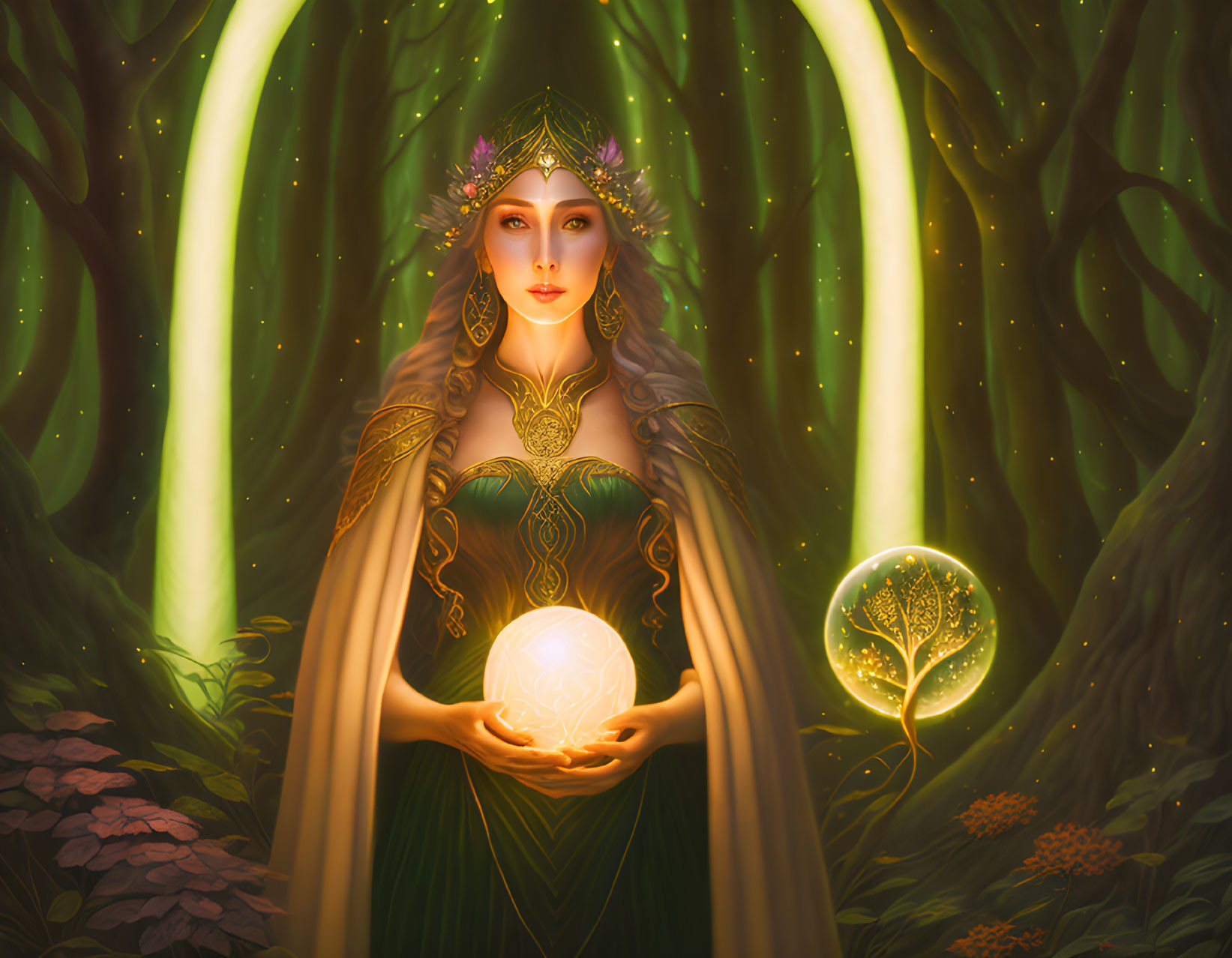 Ethereal woman with glowing orb in enchanted forest