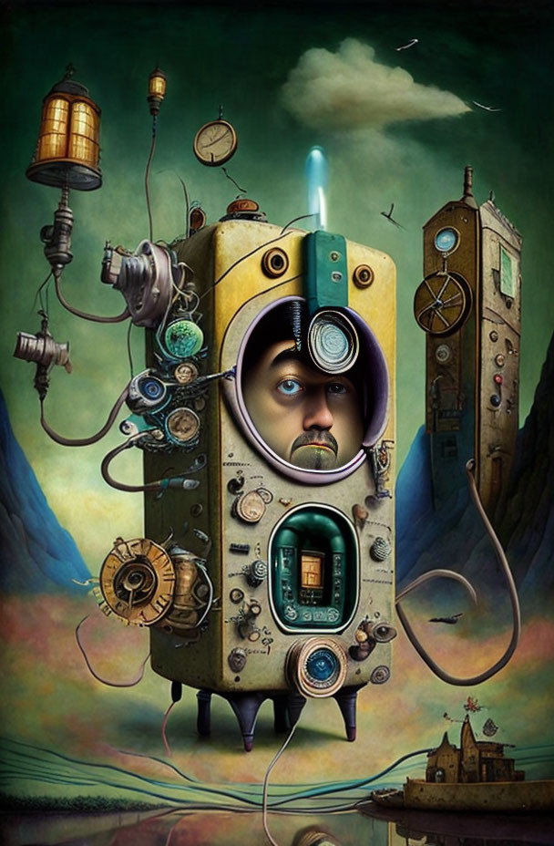 Surreal steampunk illustration of man's face in complex machine