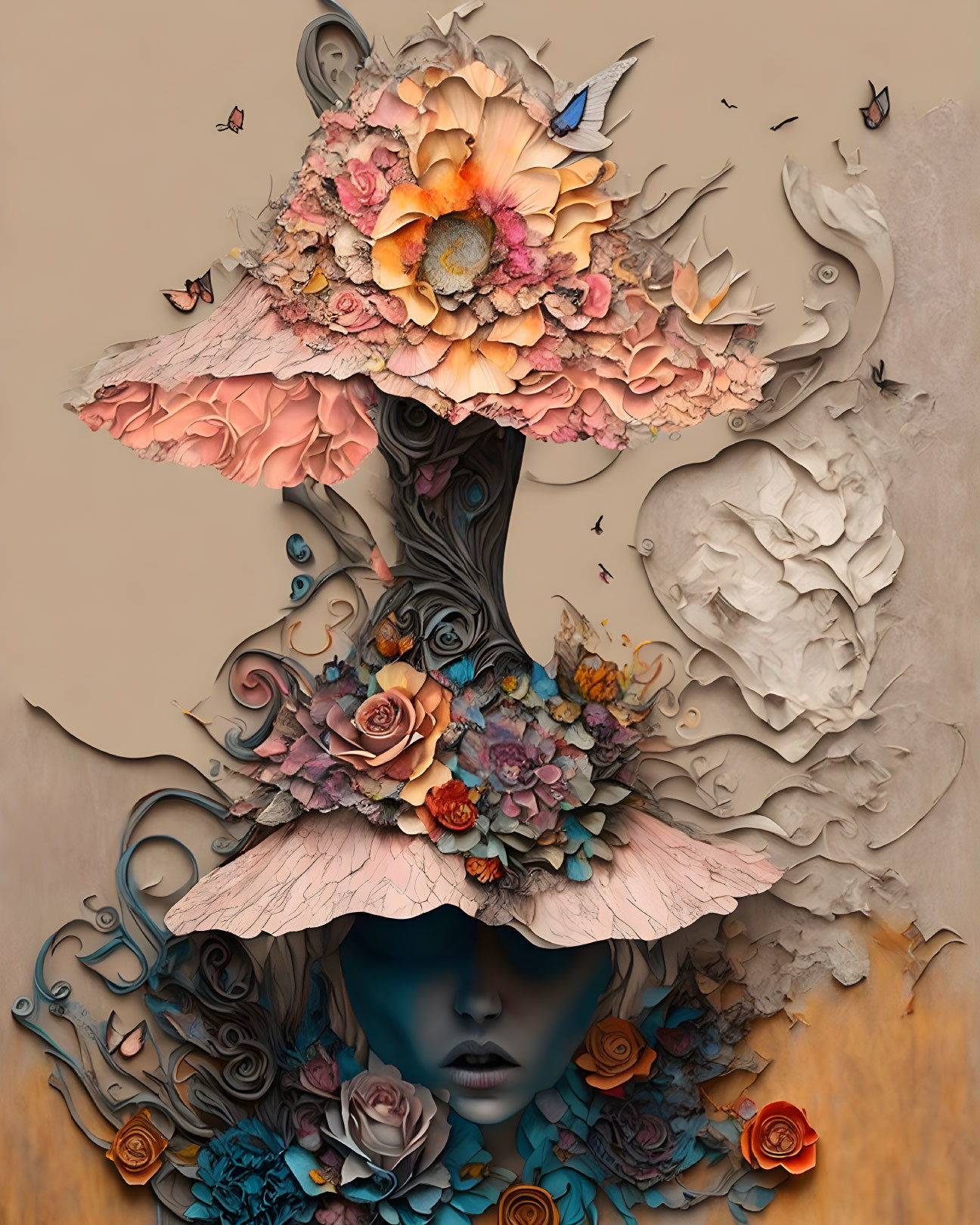 Blue-faced figure with tree-like structure, flowers, birds, and butterflies in surreal portrait