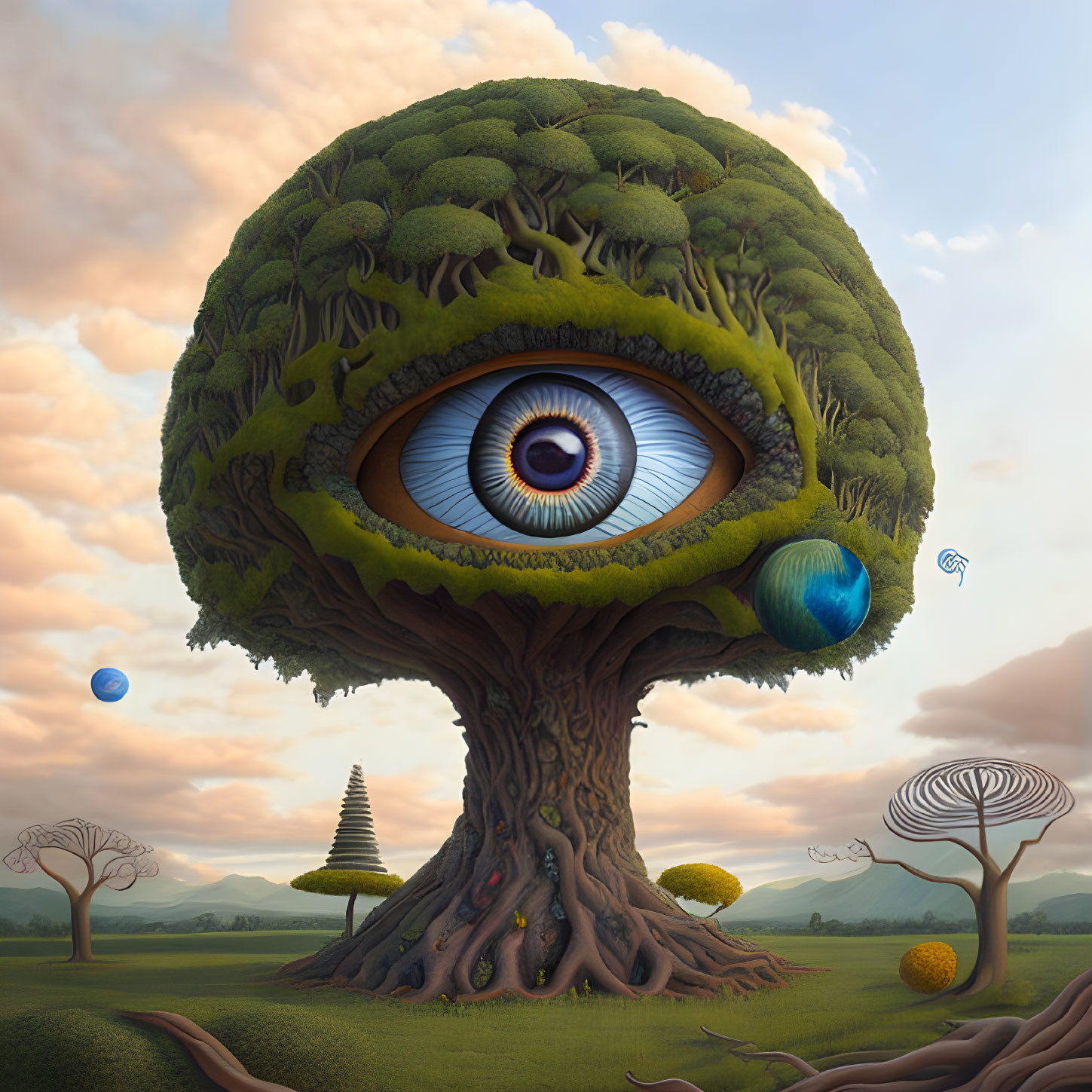 Surreal landscape featuring giant tree with realistic eye canopy surrounded by whimsical trees and floating orbs