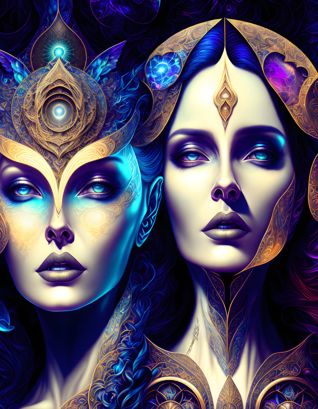 Symmetrical Female Faces with Intricate Jewelry and Ethereal Blue and Purple Hues