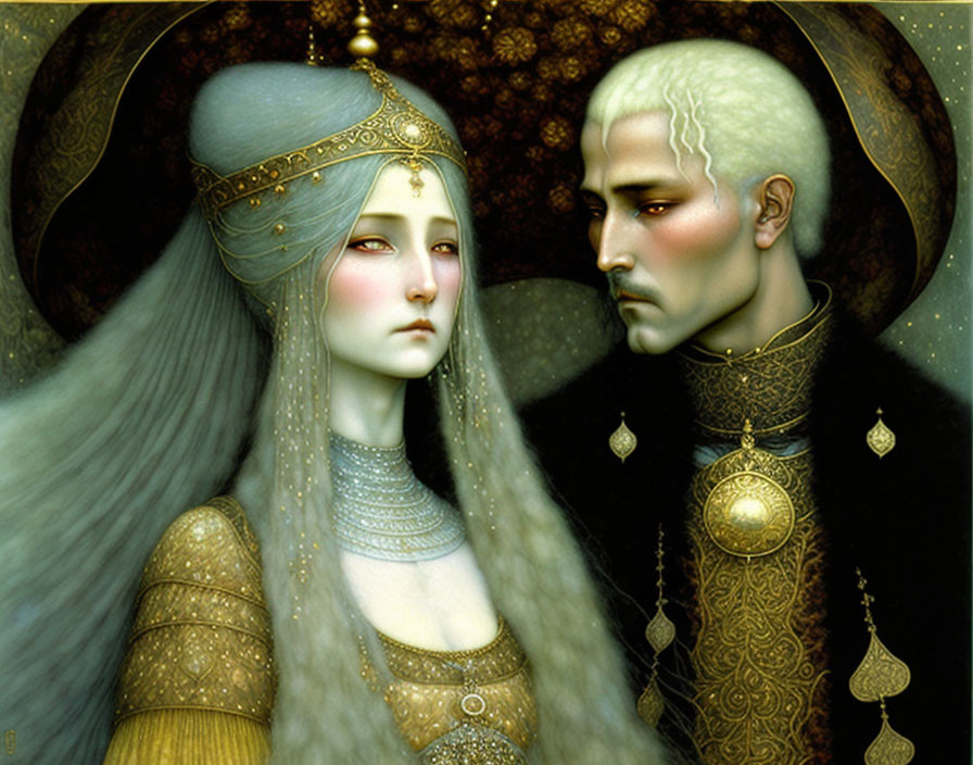 Regal elf couple in golden attire against intricate backdrop