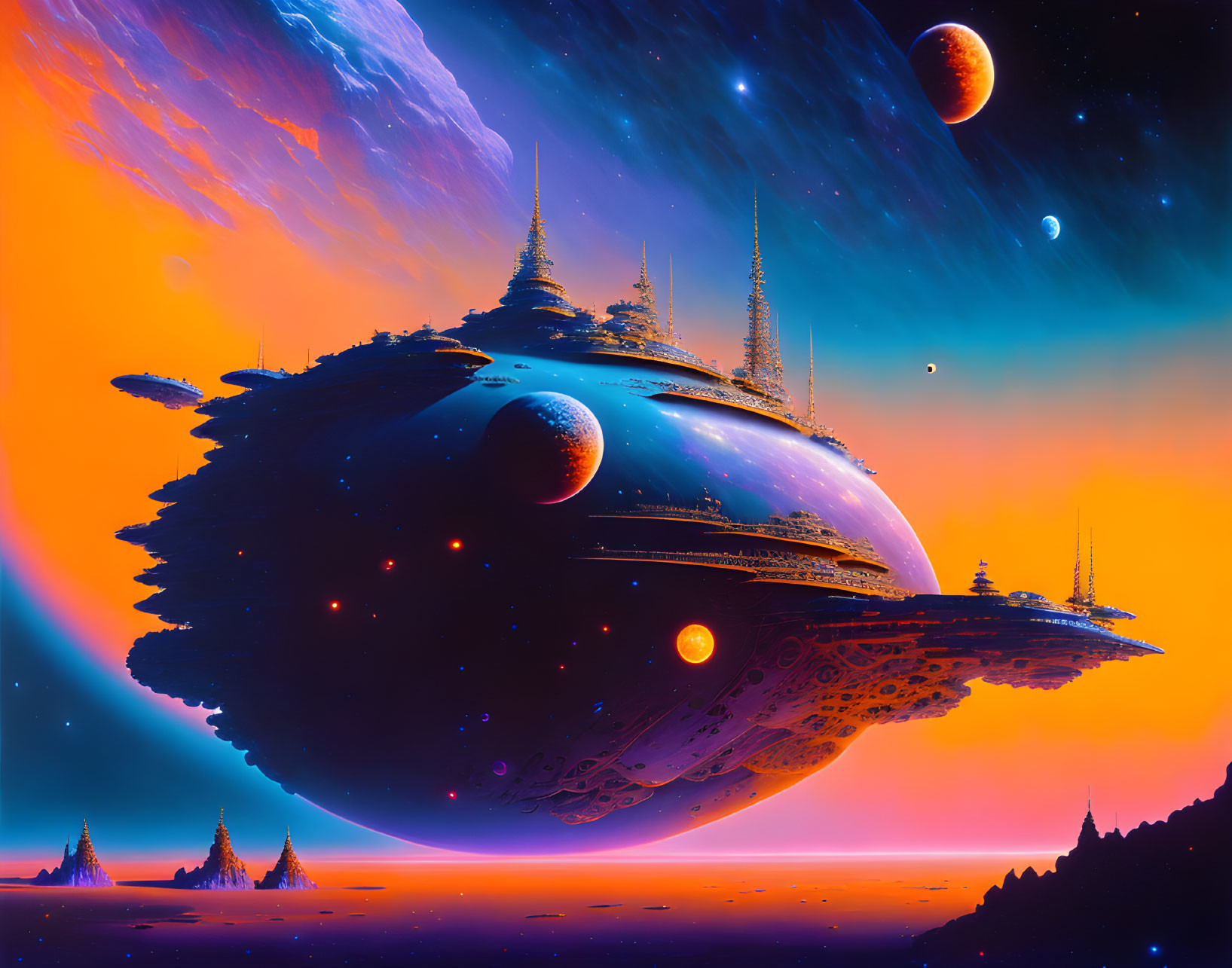 Sci-fi landscape with spaceships, alien terrain, orange and blue sky