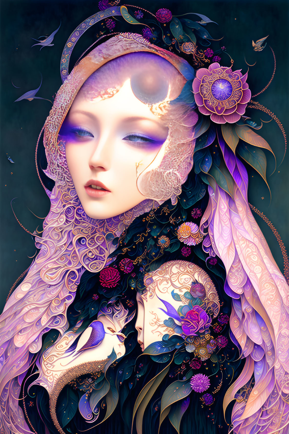 Illustrated woman with purple skin, tattoos, floral and celestial motifs, and white owl.