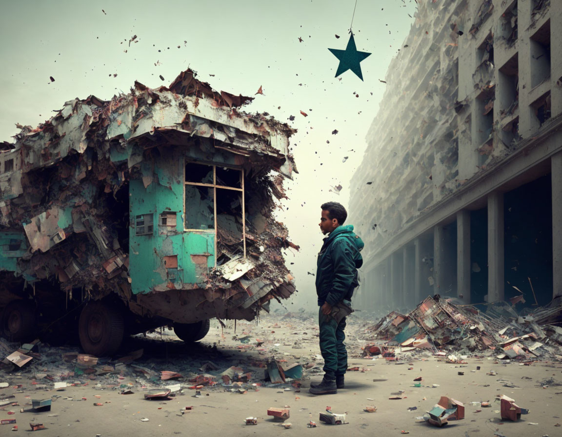 Person in Green Jacket Beside Levitating Structure on Debris-Littered Street