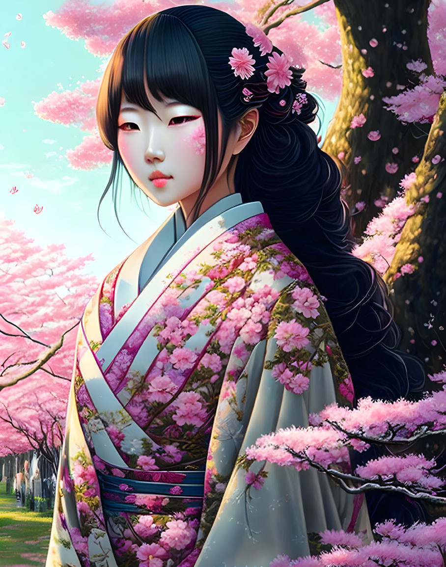 Digital Art: Pale-skinned Woman in Kimono Among Cherry Blossoms