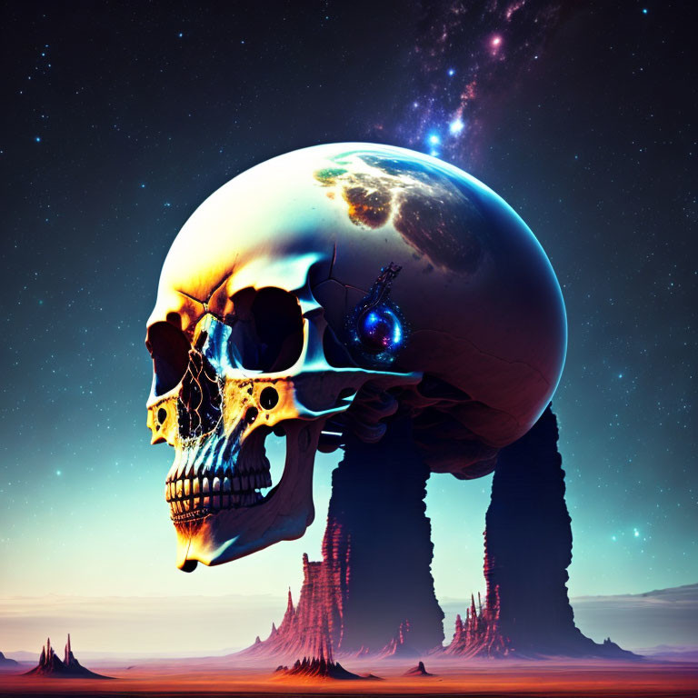 Surreal image: human skull with planet in eye socket, cosmic backdrop.