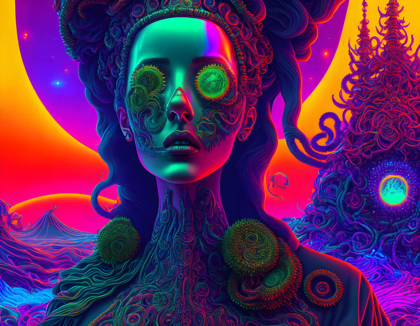 Colorful digital art portrait of woman with psychedelic patterns on skin amid neon fractal landscape.