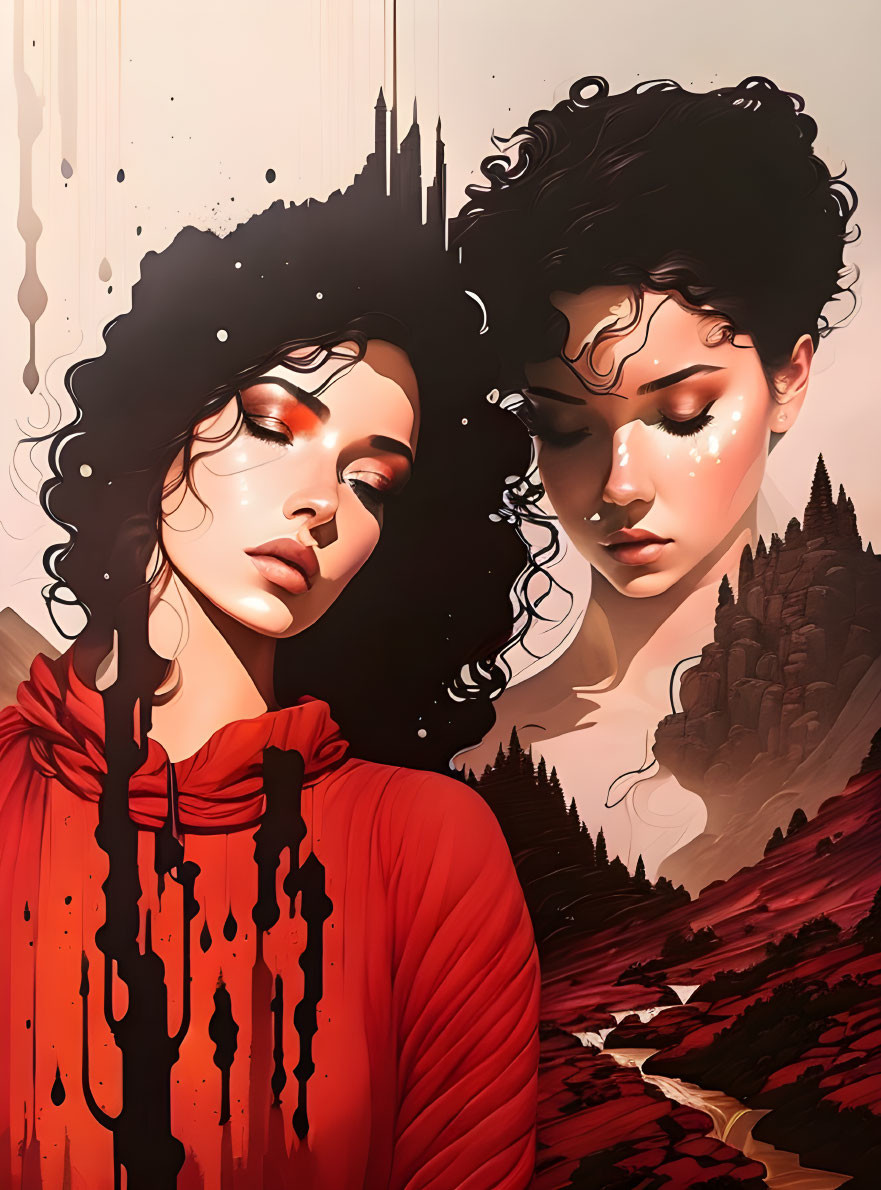 Stylized illustration of two women with curly hair in red clothing, set against a castle and river