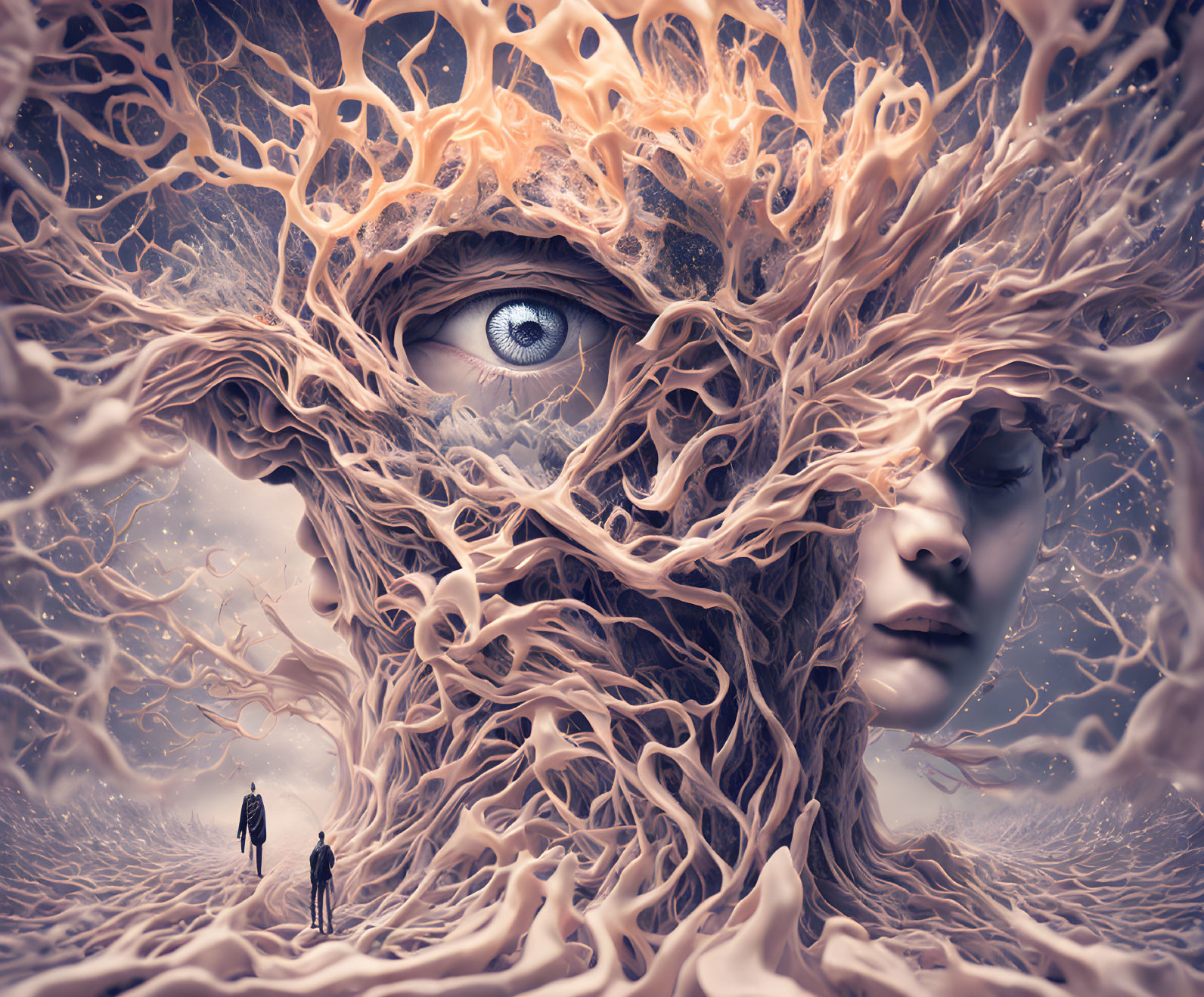 Surreal artwork: face merging with tree structures, eye visible, silhouetted figures on