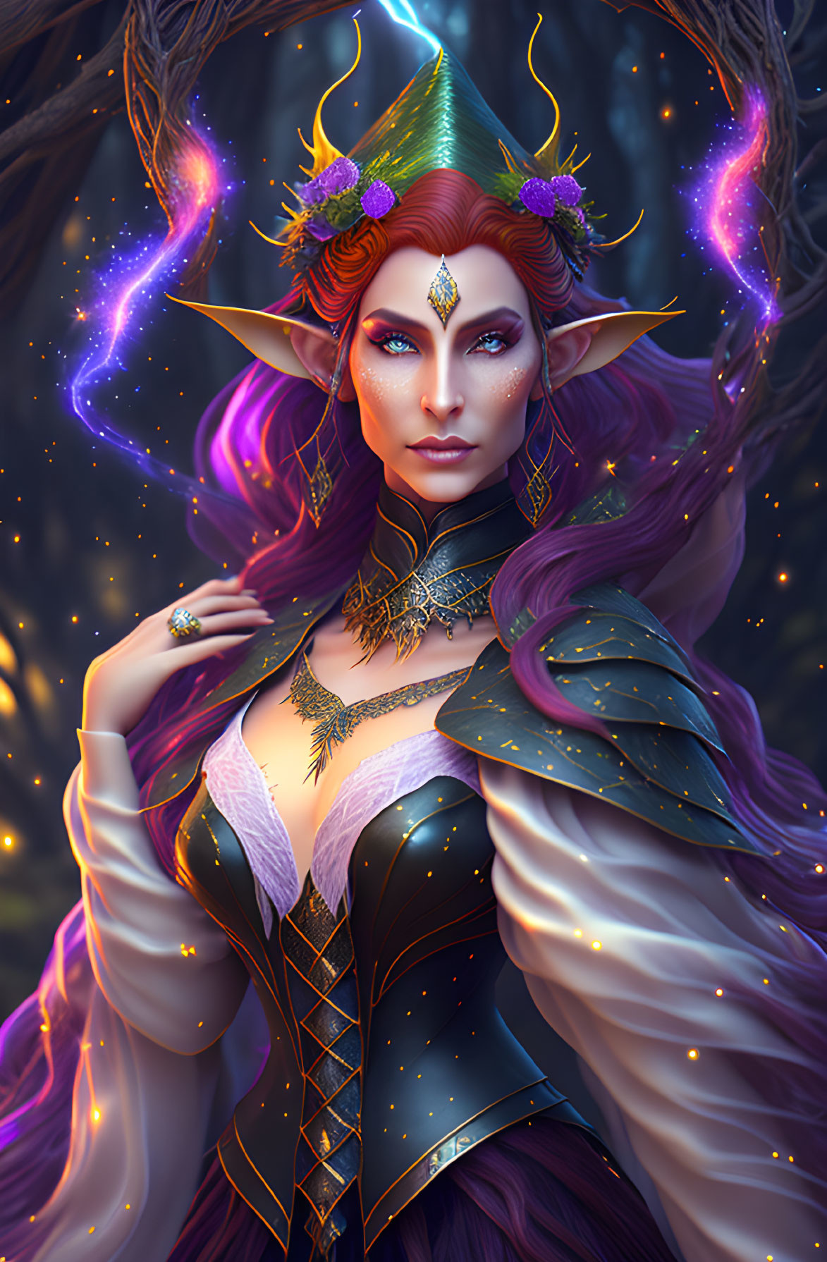 Elven queen with purple magic, pointed ears, green eyes, gold jewelry