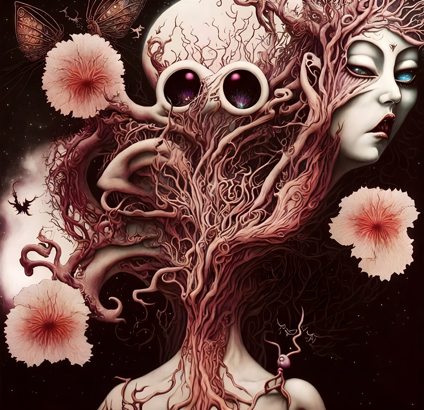 Surreal Female Figure with Tree Branch Hair and Cosmic Background