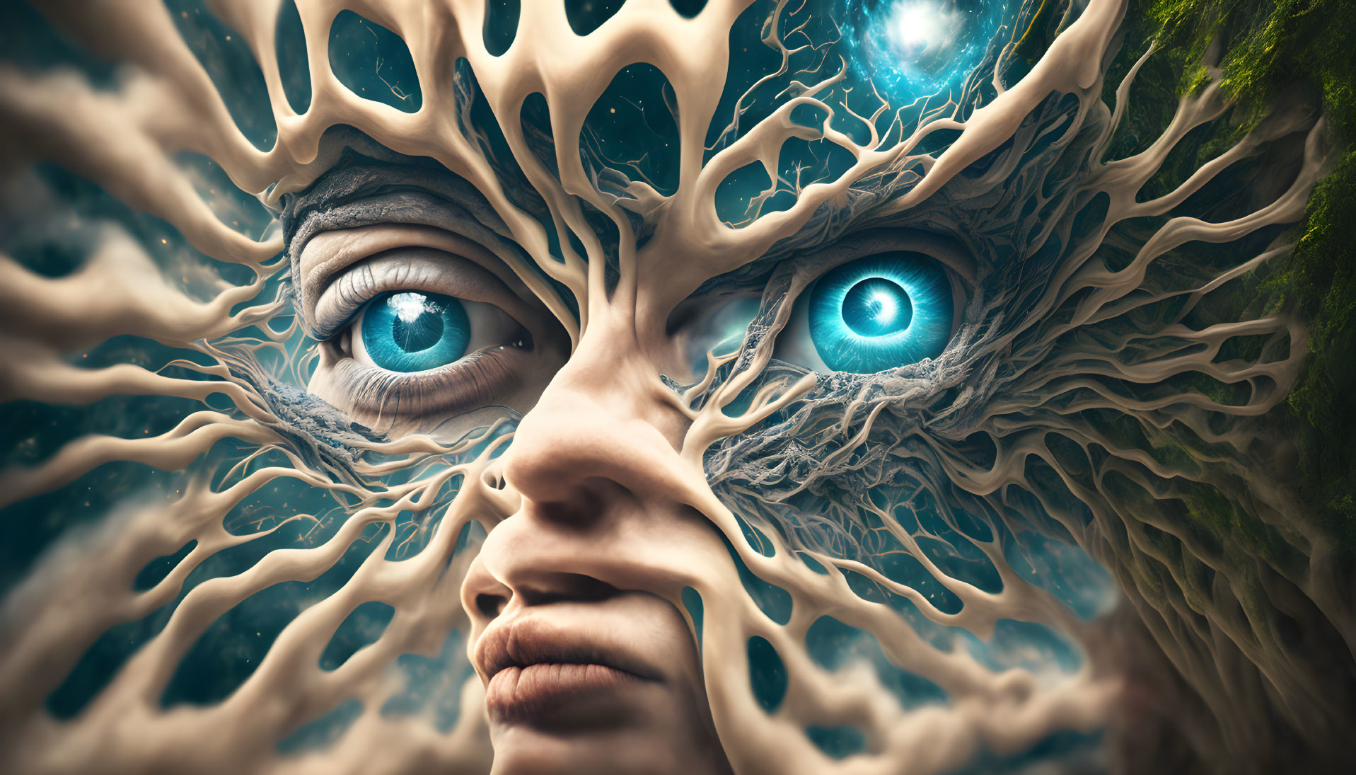 Surreal Human Face Emerging from Organic Structure with Cosmic Background