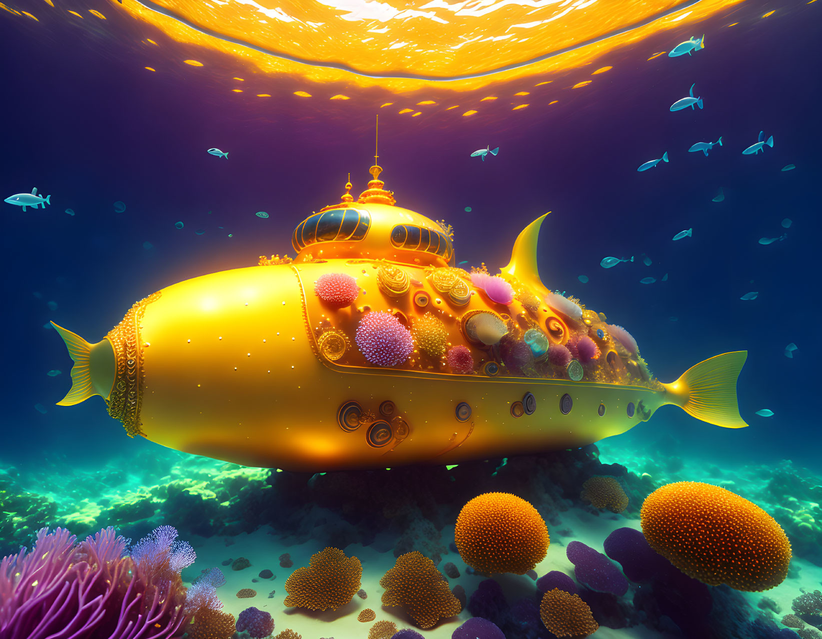 Yellow submarine with coral and anemones in colorful marine life scene