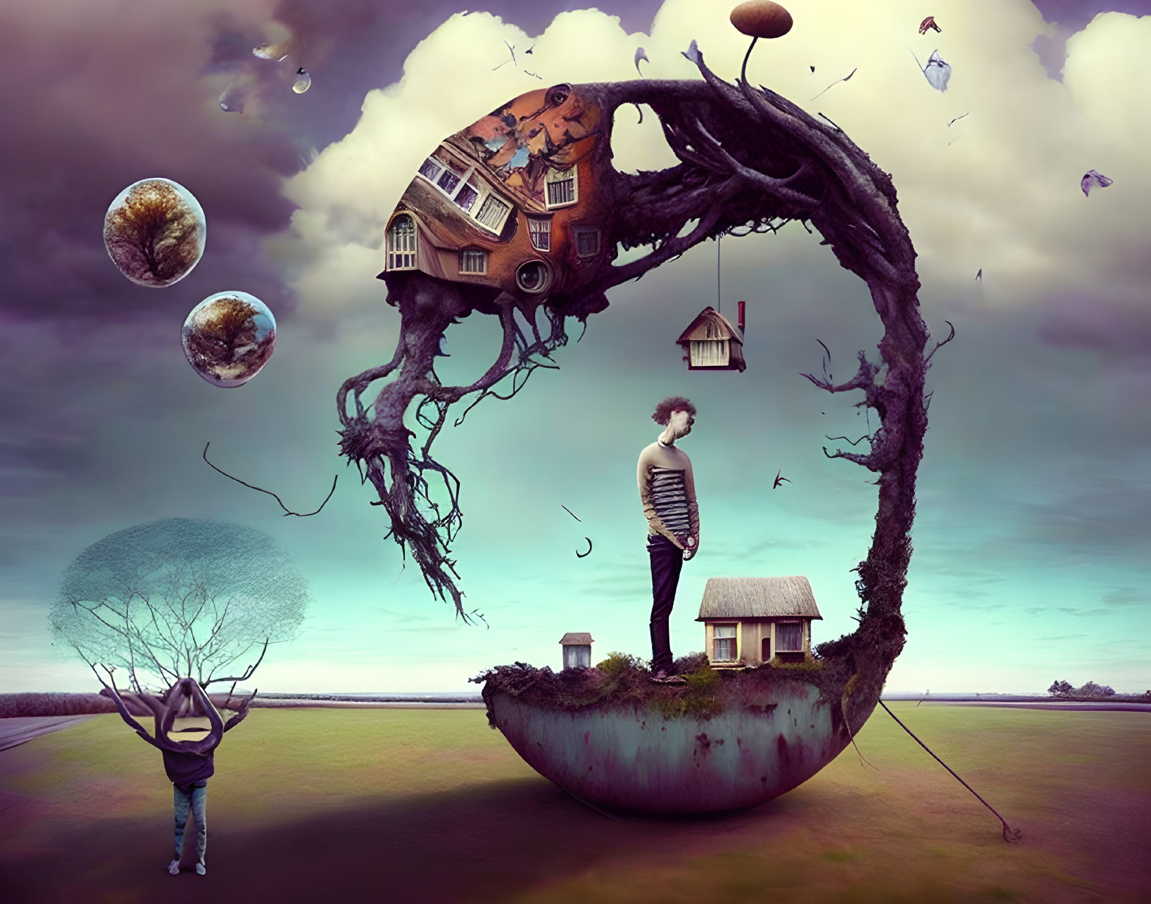 Surreal landscape with floating island, upside-down houses, twisted tree branches, and floating orbs