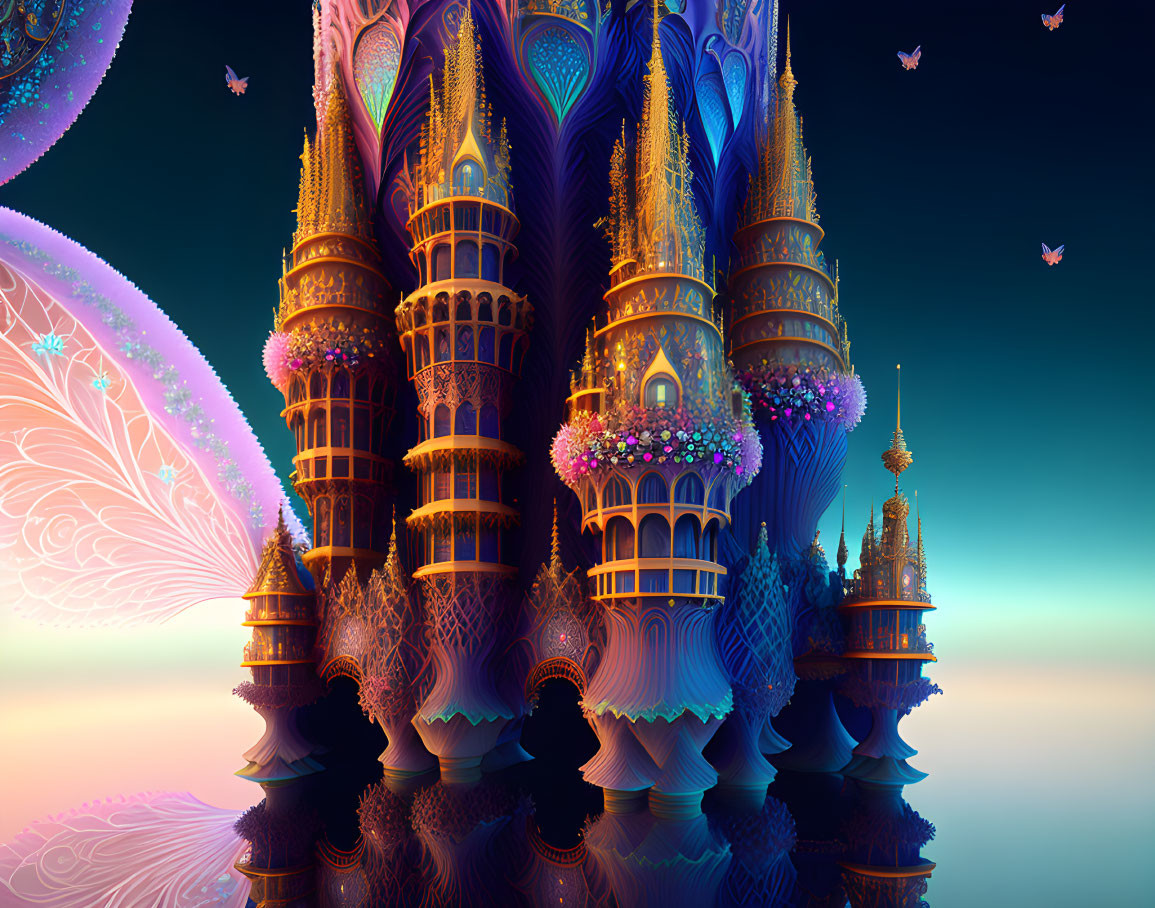 Colorful Castle on Floating Islands at Twilight with Butterflies