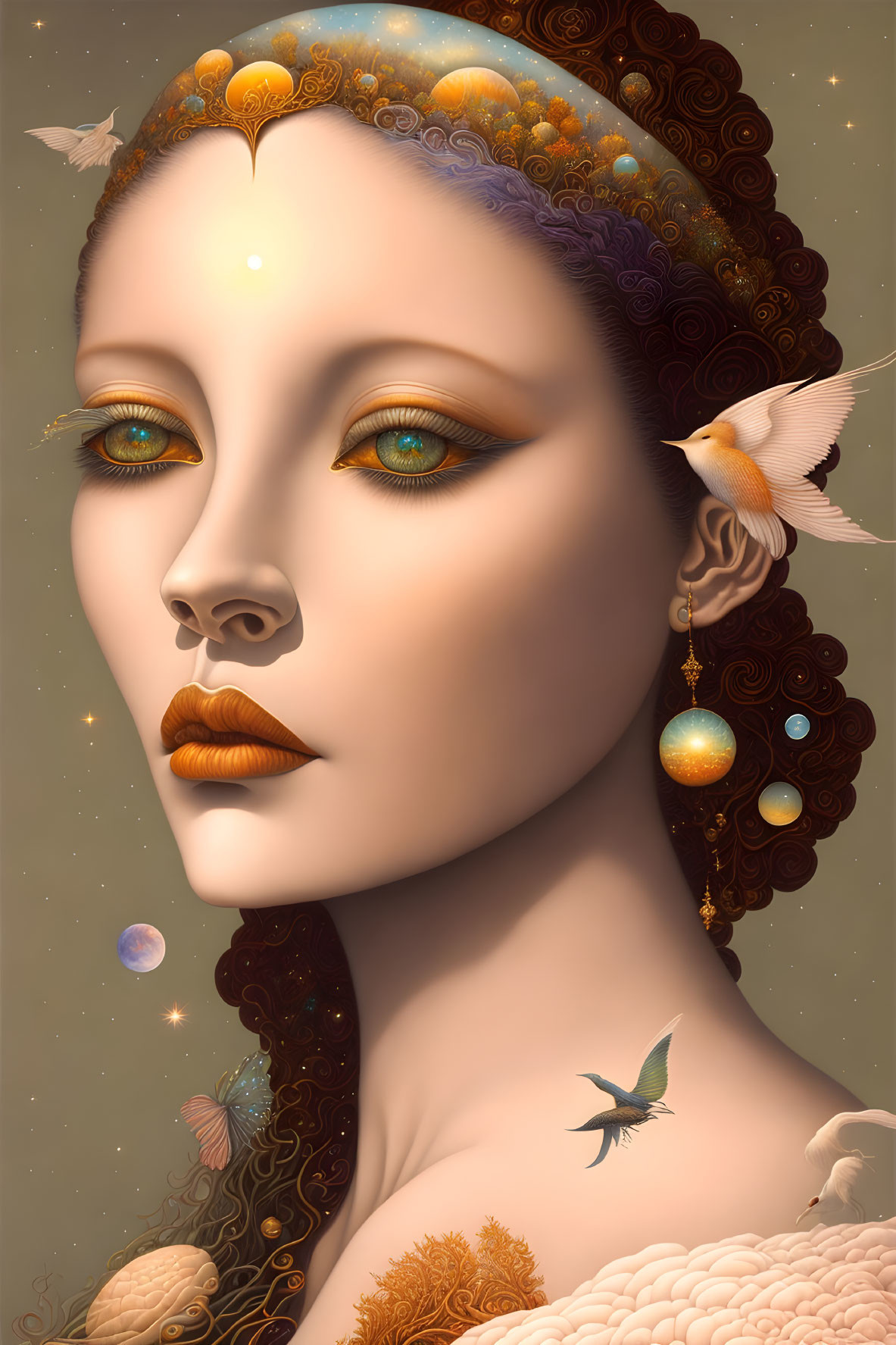 Cosmic and Nature-Inspired Woman Portrait with Planets and Birds