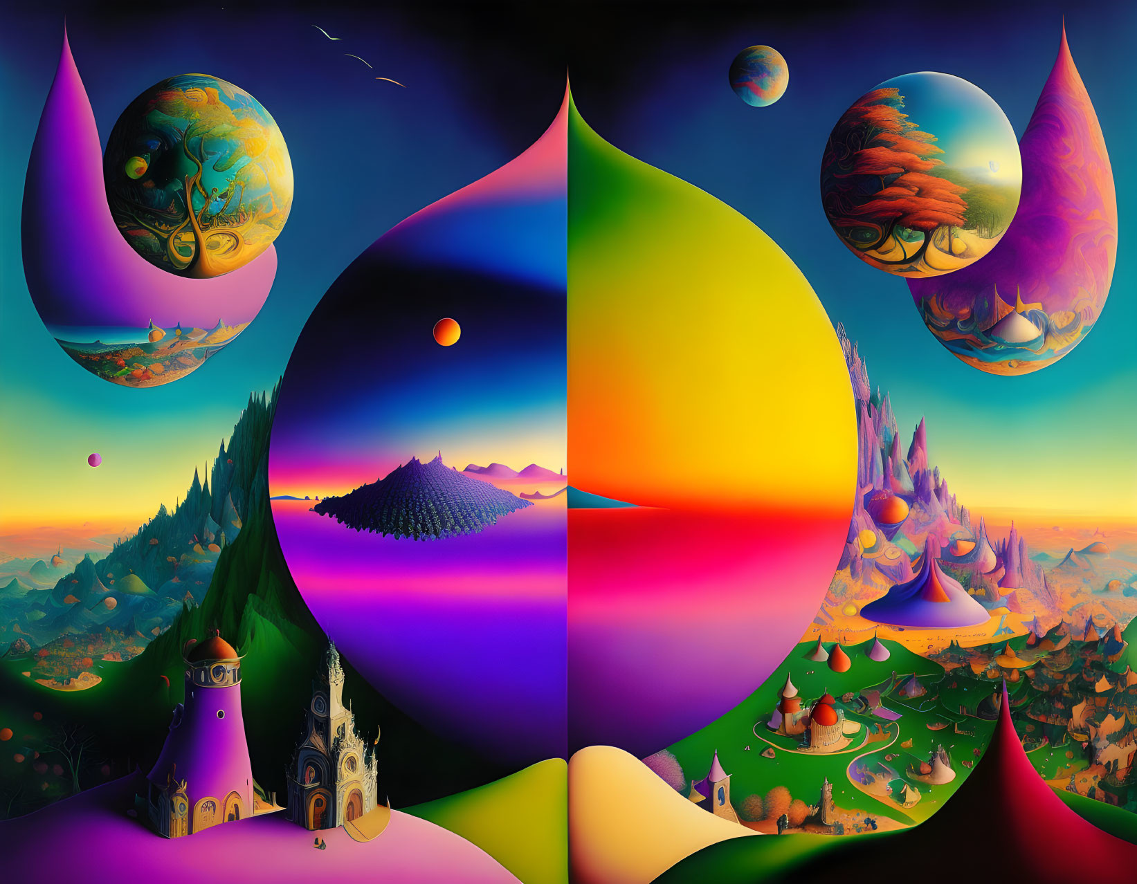 Colorful surreal landscape with floating islands and planets in gradient sky