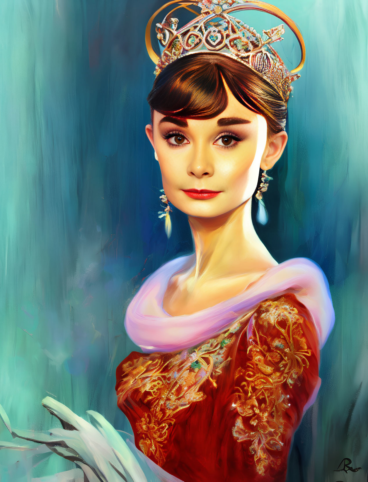 Digital portrait of woman in elegant crown and red dress with sheer scarf and refined makeup