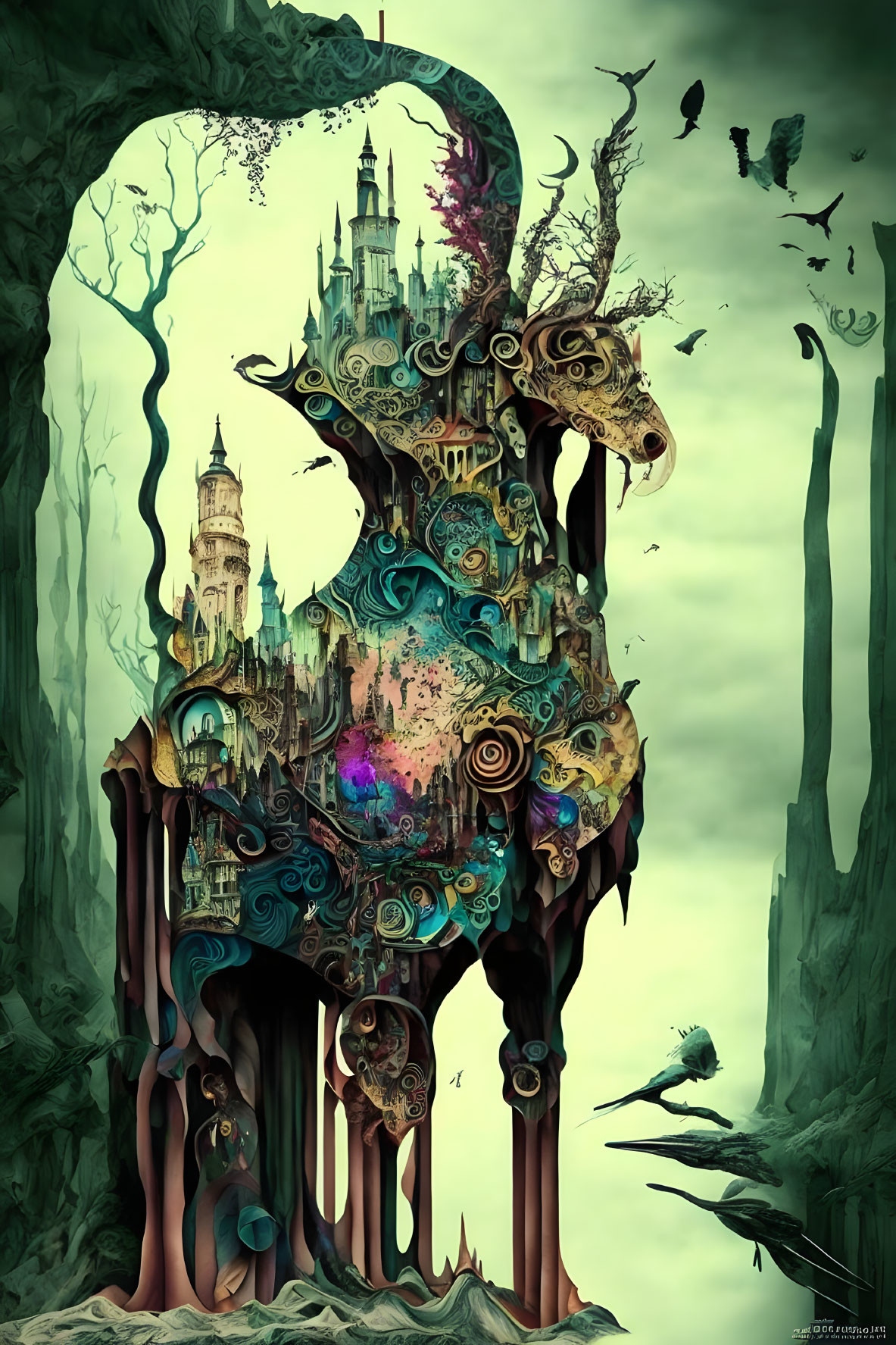 Surreal tree with castle turrets, gears, orbs in eerie forest