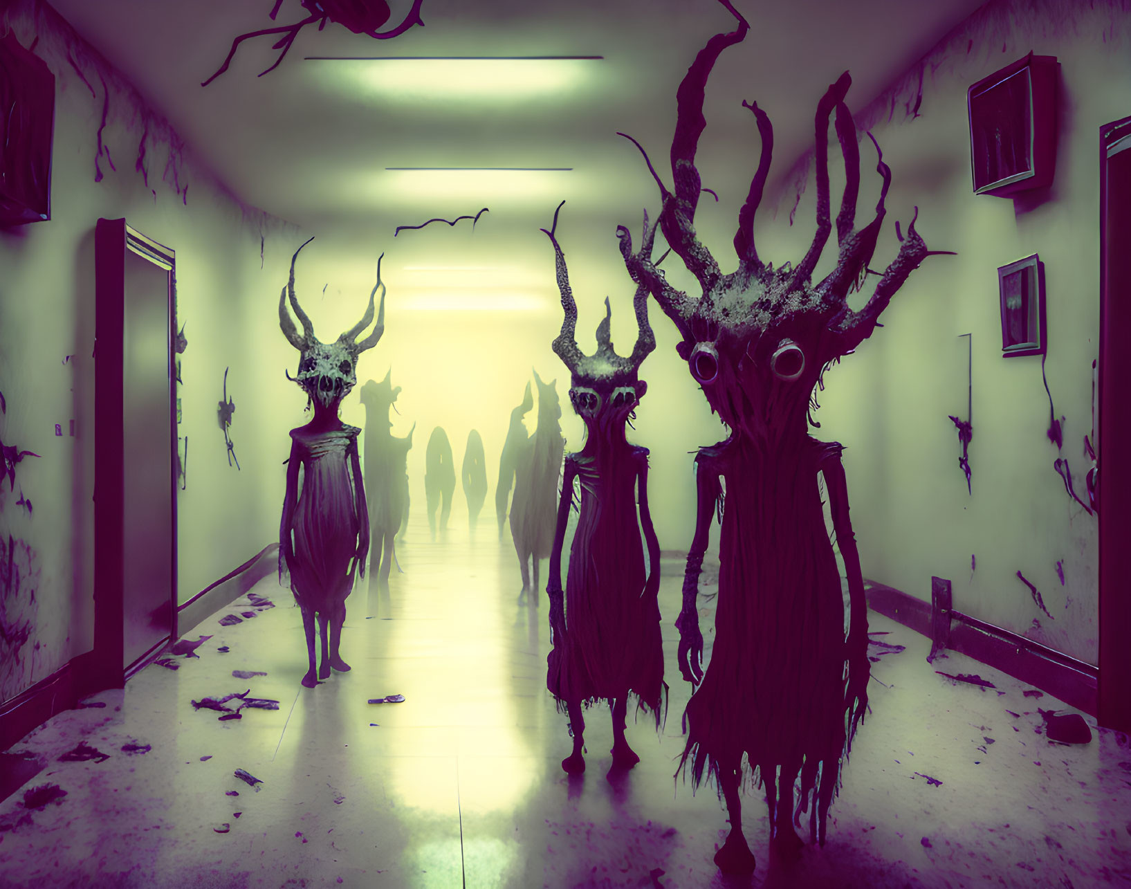 Three eerie figures with antlers in dimly lit hallway