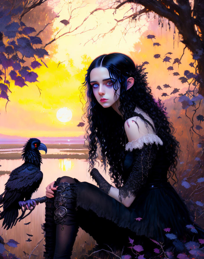 Gothic-themed image of pale woman with black hair and raven against purple sunset.