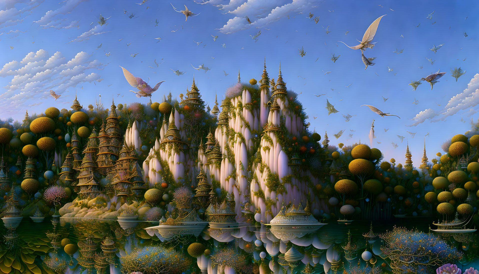 Fantastical landscape with tower-like structures and spherical trees reflected in tranquil water.