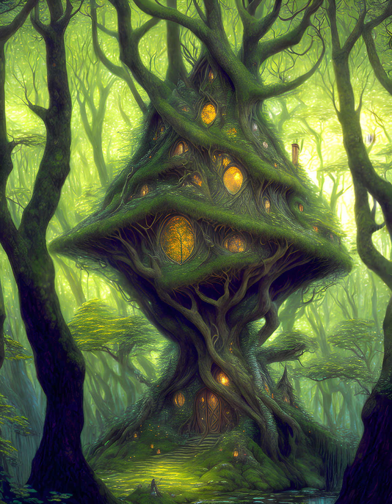 Mystical treehouse in enchanted forest with glowing warm lights