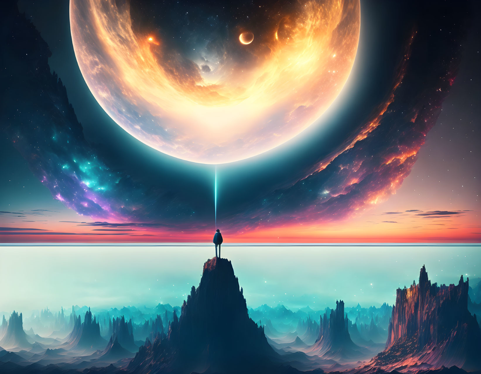 Person on Pinnacle Gazes at Surreal Moonlit Landscape