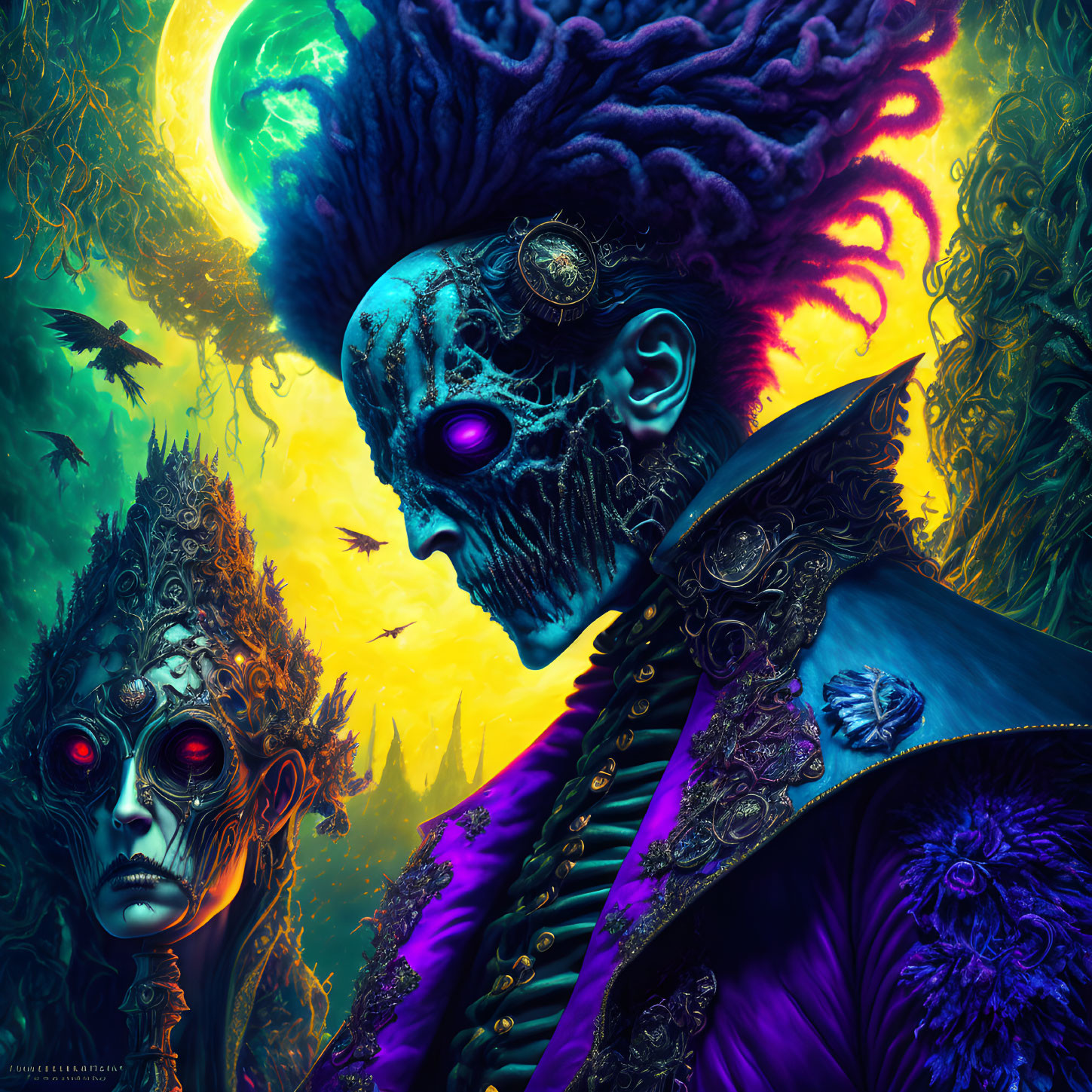 Artwork of two figures with skull-like faces in elaborate attire against a neon background