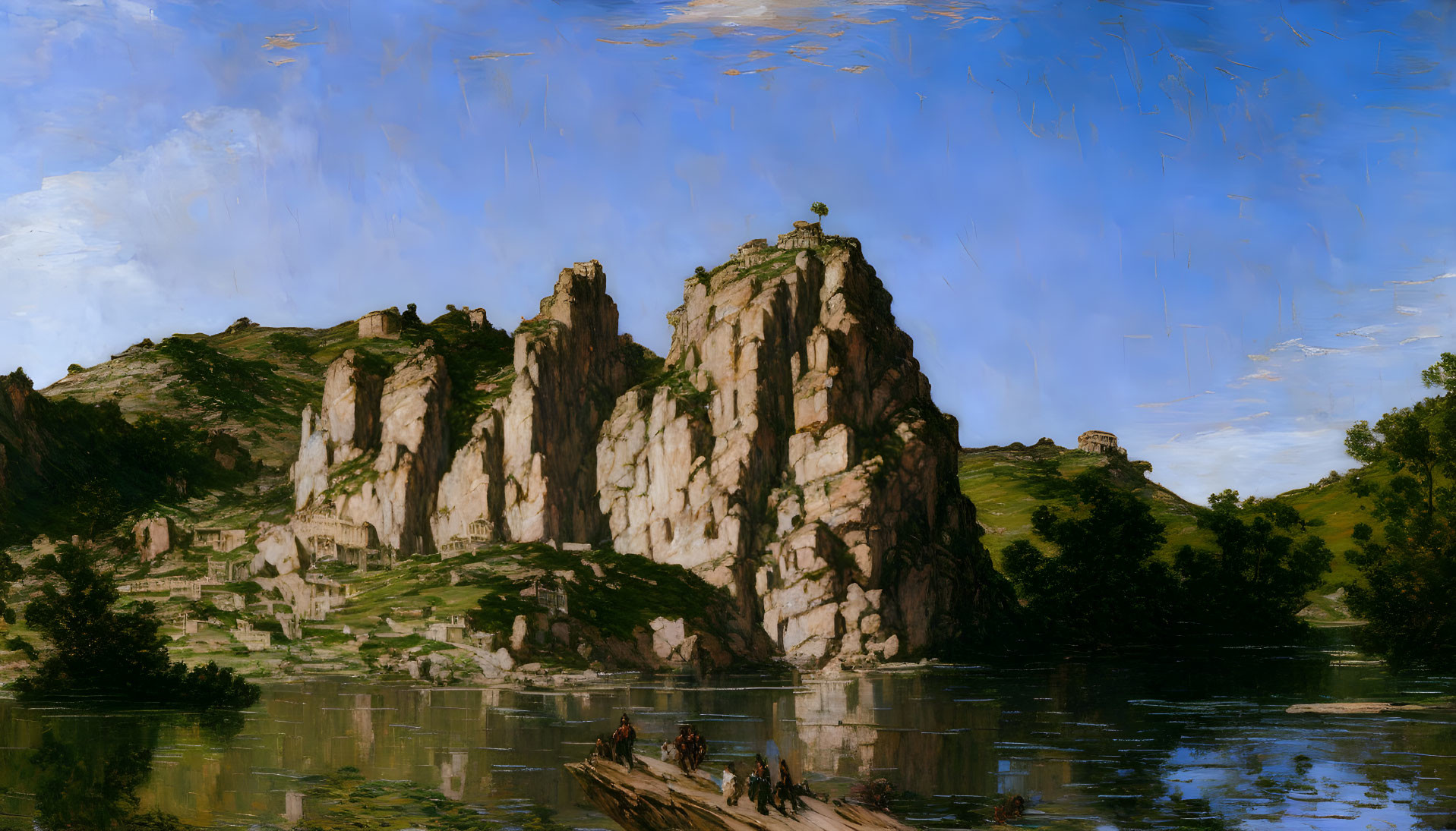 Majestic rock formation by calm river with boat and dynamic sky