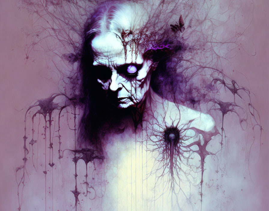 Skull-faced figure with dark lines on purple backdrop