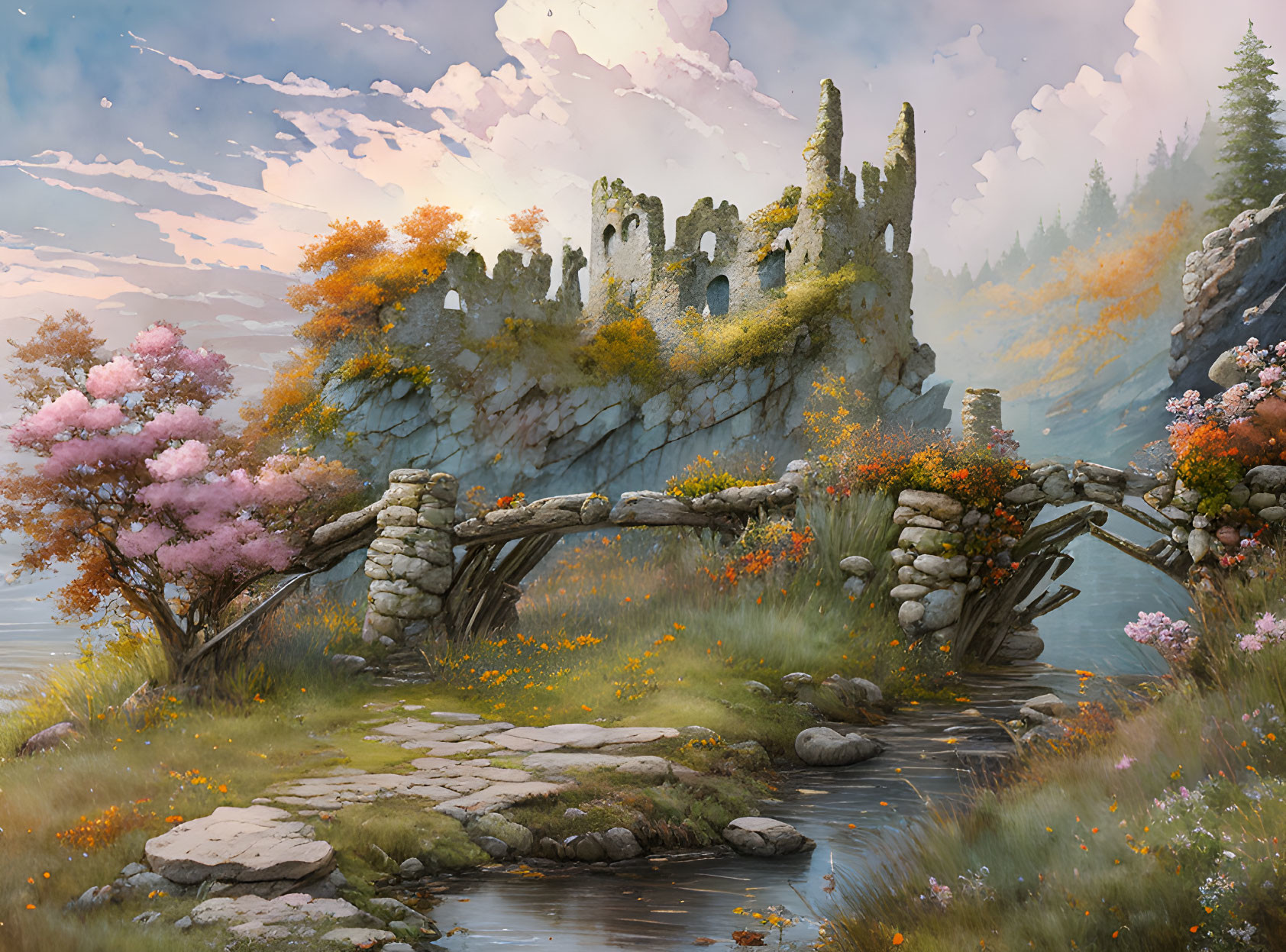 Stone bridge and blooming trees near a crumbling castle in flower-filled landscape