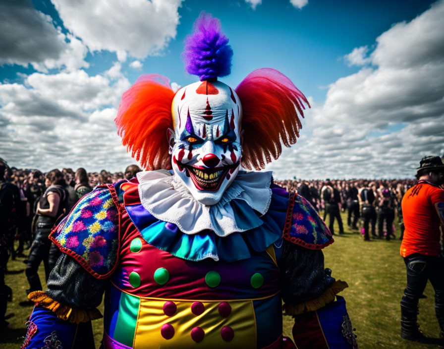 Menacing colorful clown in bright costume under cloudy sky