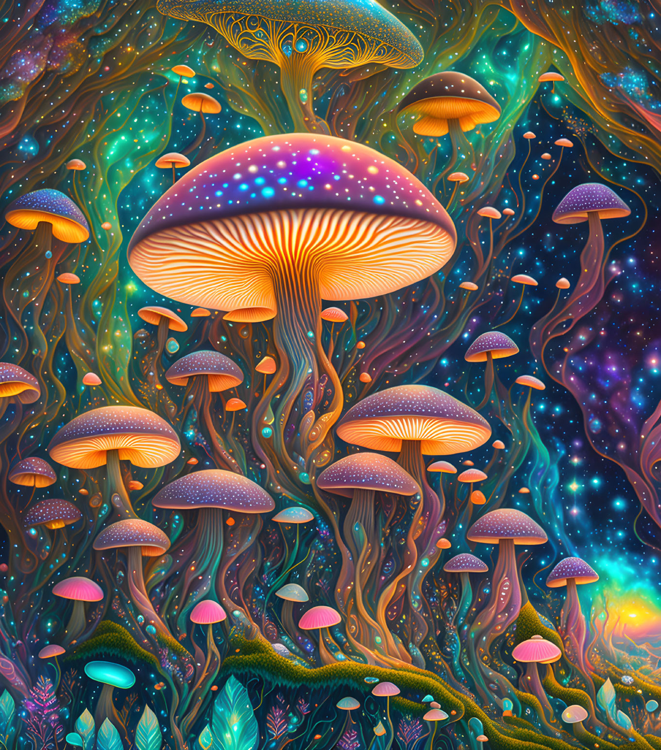 Colorful digital artwork: Glowing mushrooms in cosmic setting