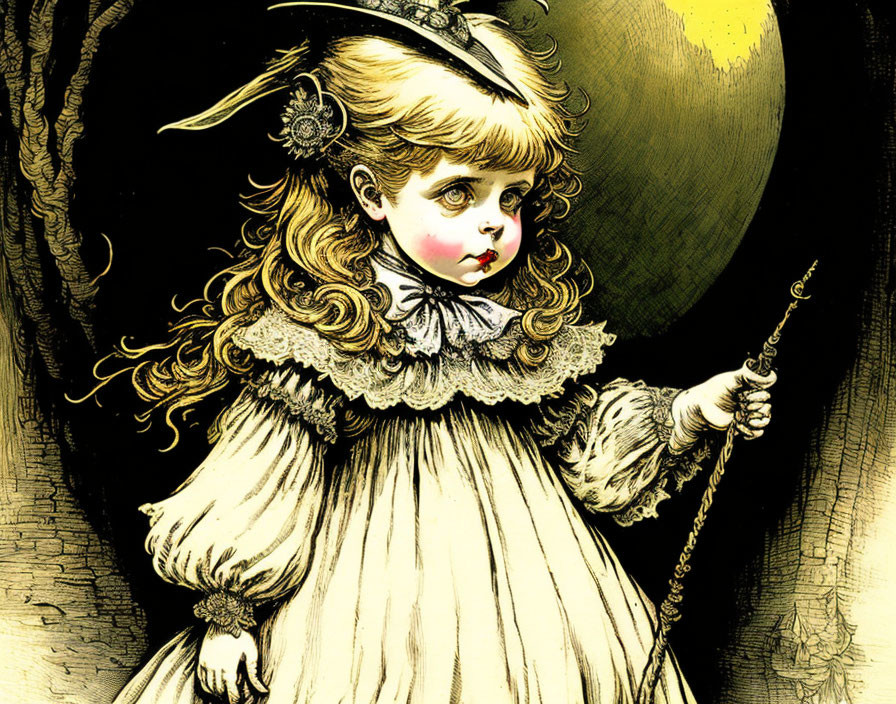 Blonde girl with bow in ruffled dress holding baton on moon background