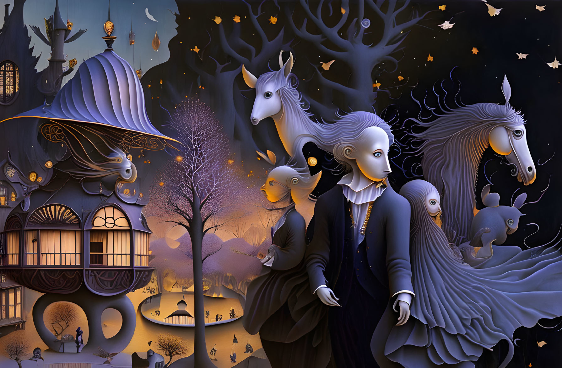 Illustrated Nocturnal Scene with Stylized Characters and Fantasy Architecture