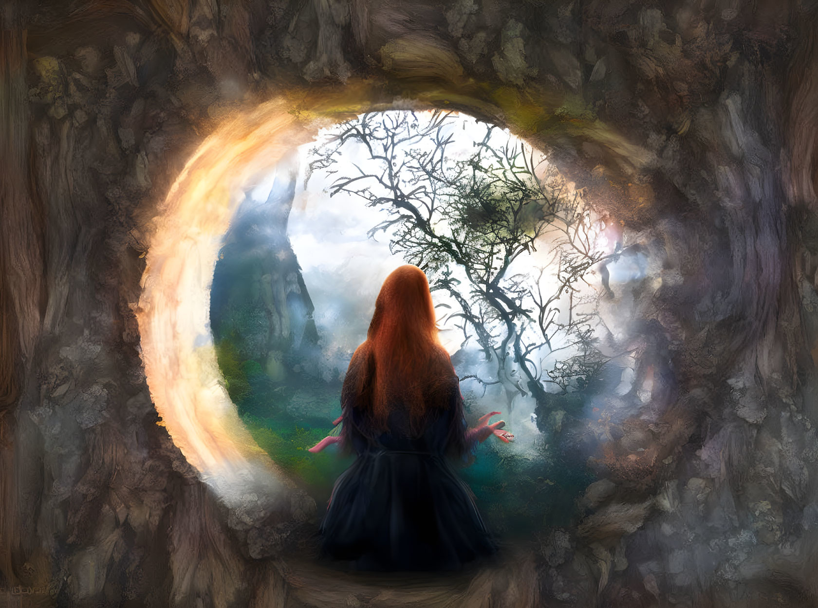 Long Red-Haired Person at Tree Hollow Entrance in Mystical Landscape