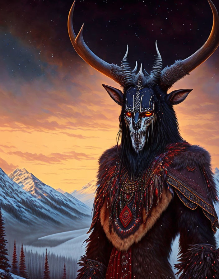 Mythical goat-like creature with large horns in mountain landscape at dusk