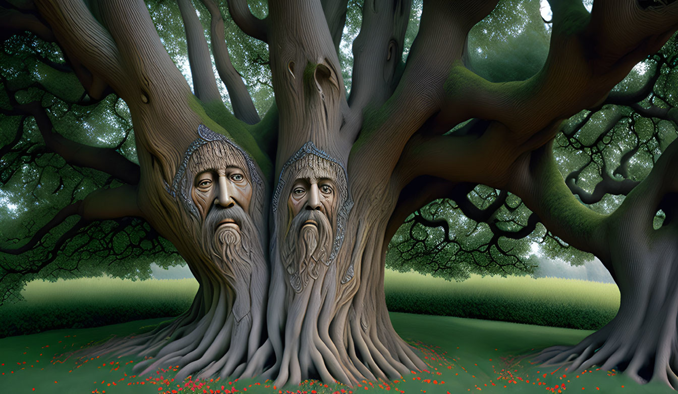 Tree trunk art with old men faces in green landscape.