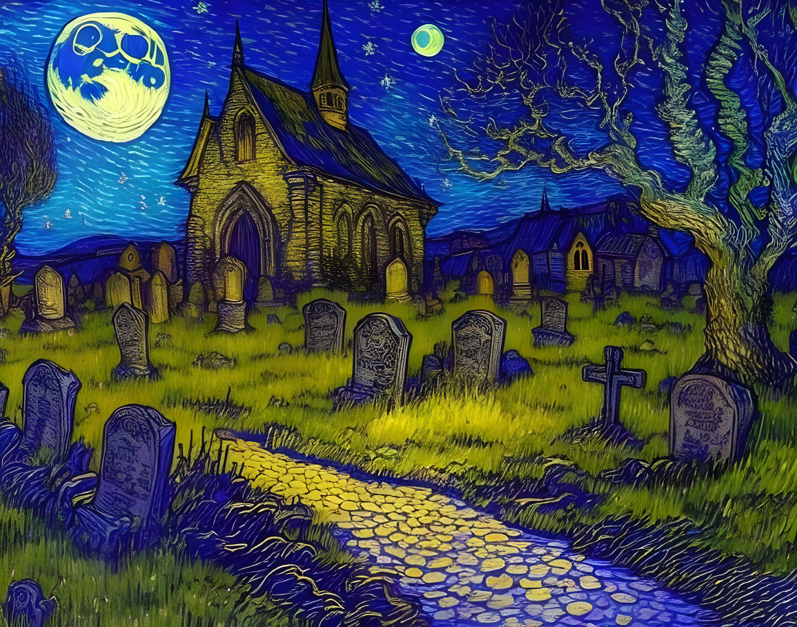 Night graveyard scene with tombstones, church, and swirling skies.