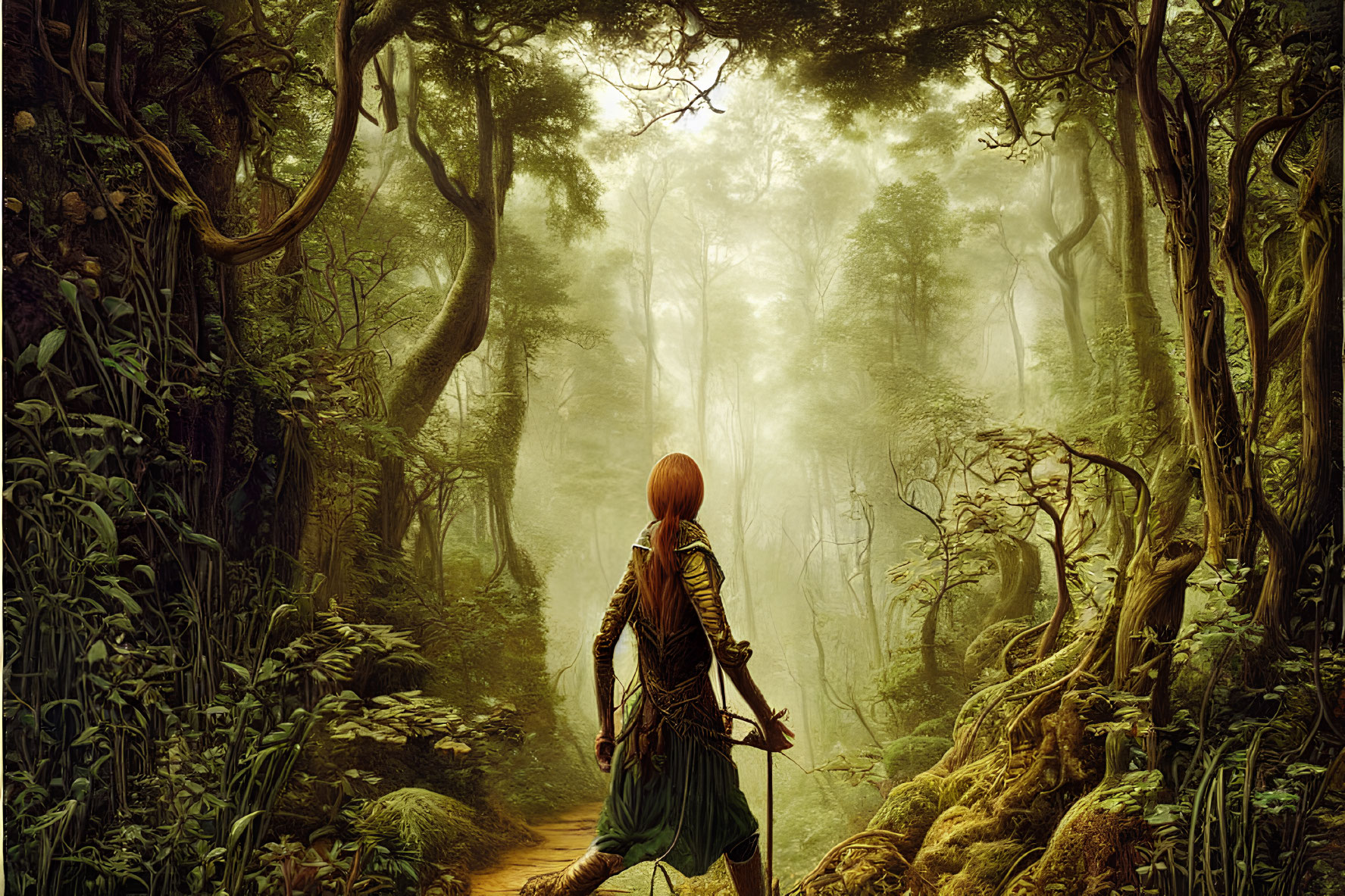 Fiery Red-Haired Person in Medieval Attire at Forest Edge