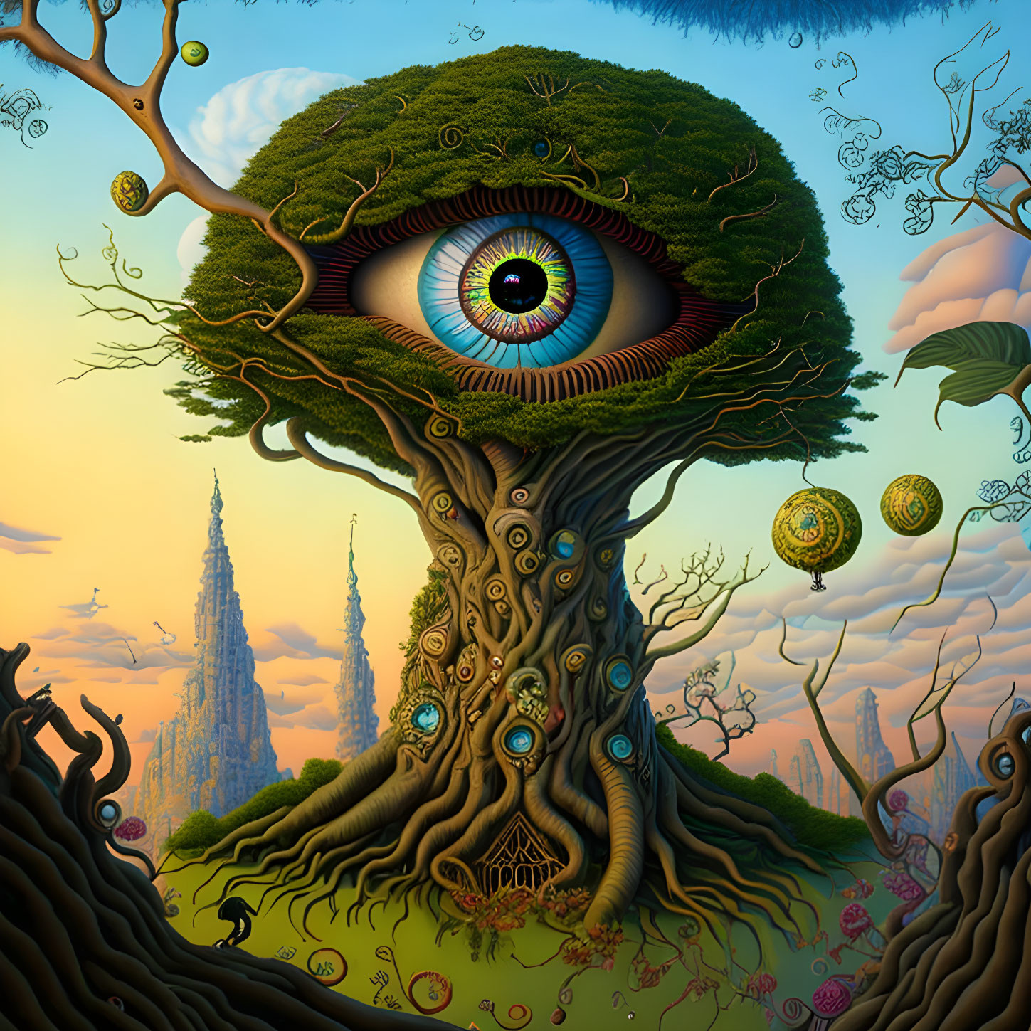 Surreal tree with eye, ornate spheres, gothic towers, intricate branches in fantastical