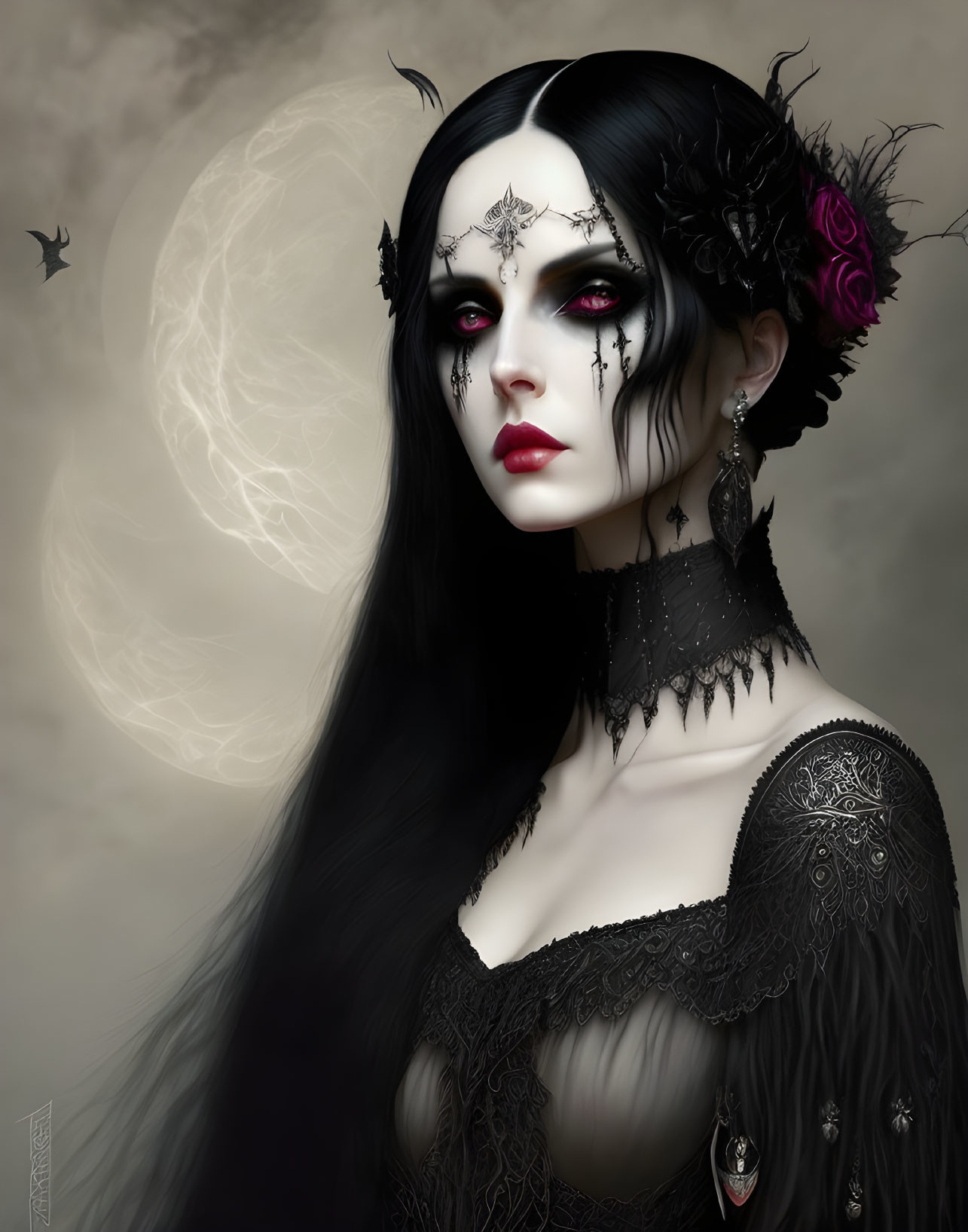 Dark Gothic Woman with Intricate Jewelry and Lace Dress in Moonlit Scene