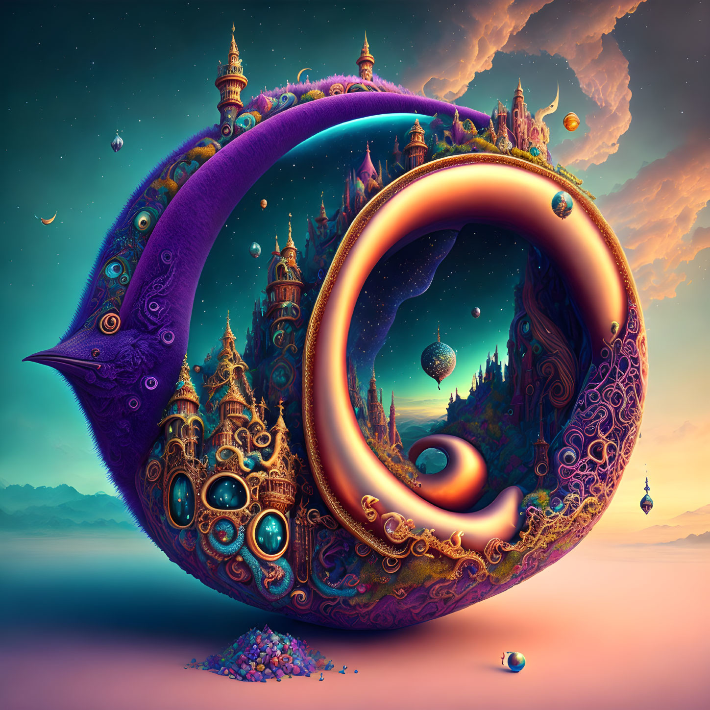 Colorful surreal illustration: circular structure with intricate patterns and fantastical architecture against dreamy sky.