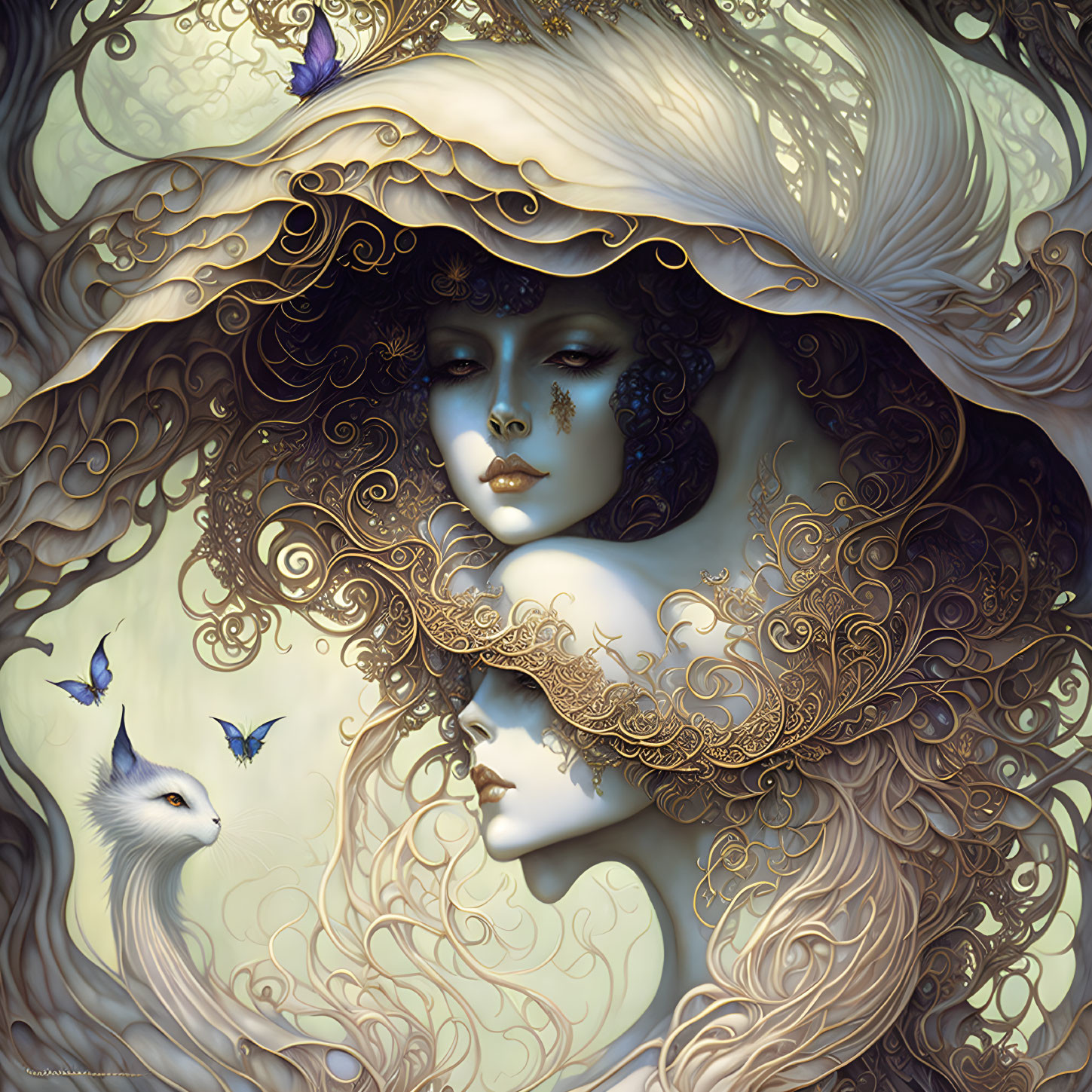 Ethereal women with golden hair and butterflies in ornate setting