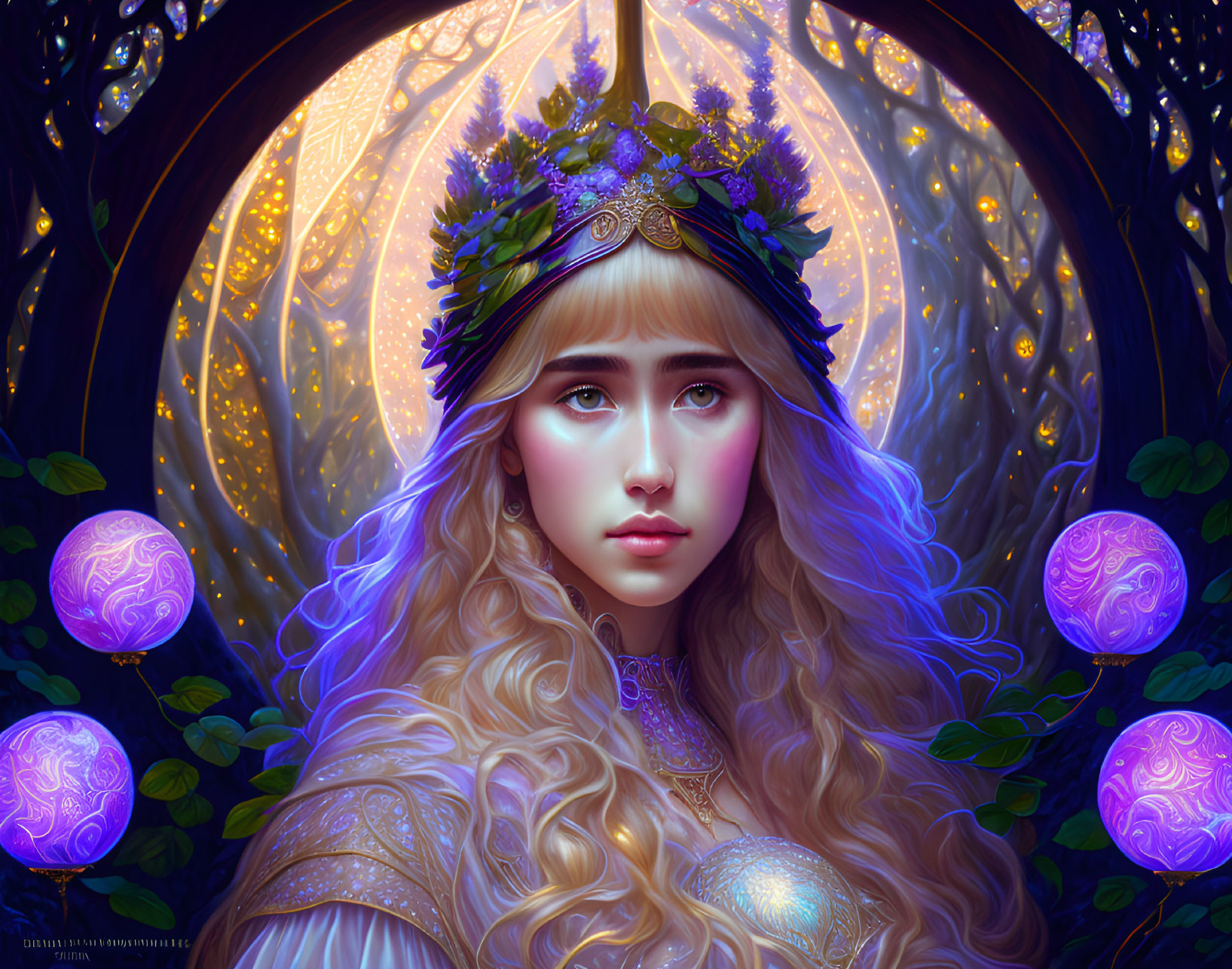 Fantasy digital illustration of a blond elf queen in jeweled crown and ornate dress in enchanted forest