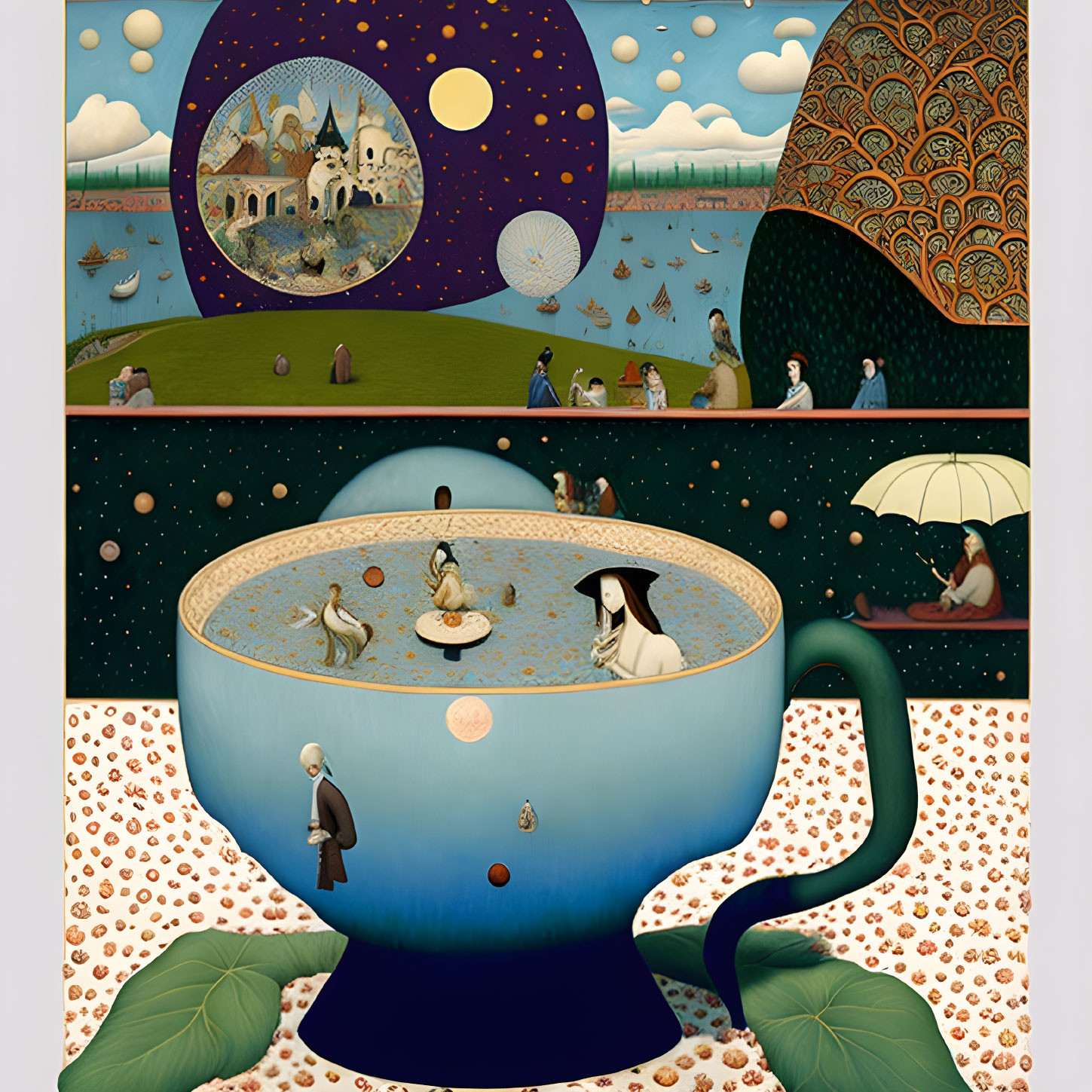 Whimsical surreal illustration with layered scenes and gigantic teacup